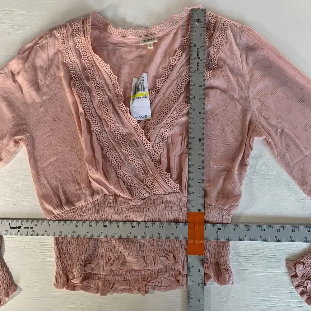 NWT Self E Surplice-Neck Long-Sleeve Clip Dot Smocked Top Salmon Pink Sz M